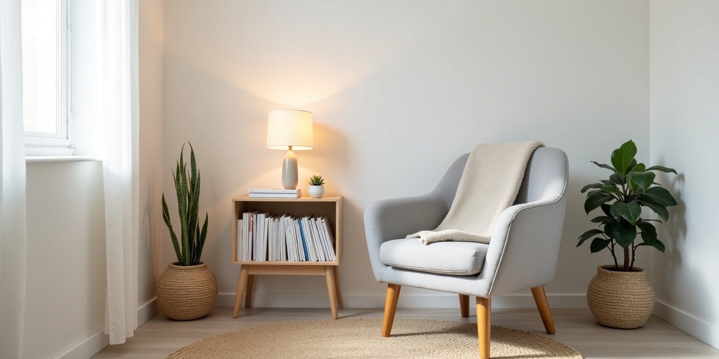 Um cadeirão junto a uma estante de livros e a um candeeiro aceso, num canto de leitura